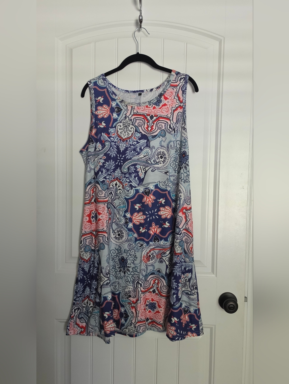 Sleeveless Paisley Sundress Dress in Navy, Coral & Light Blue